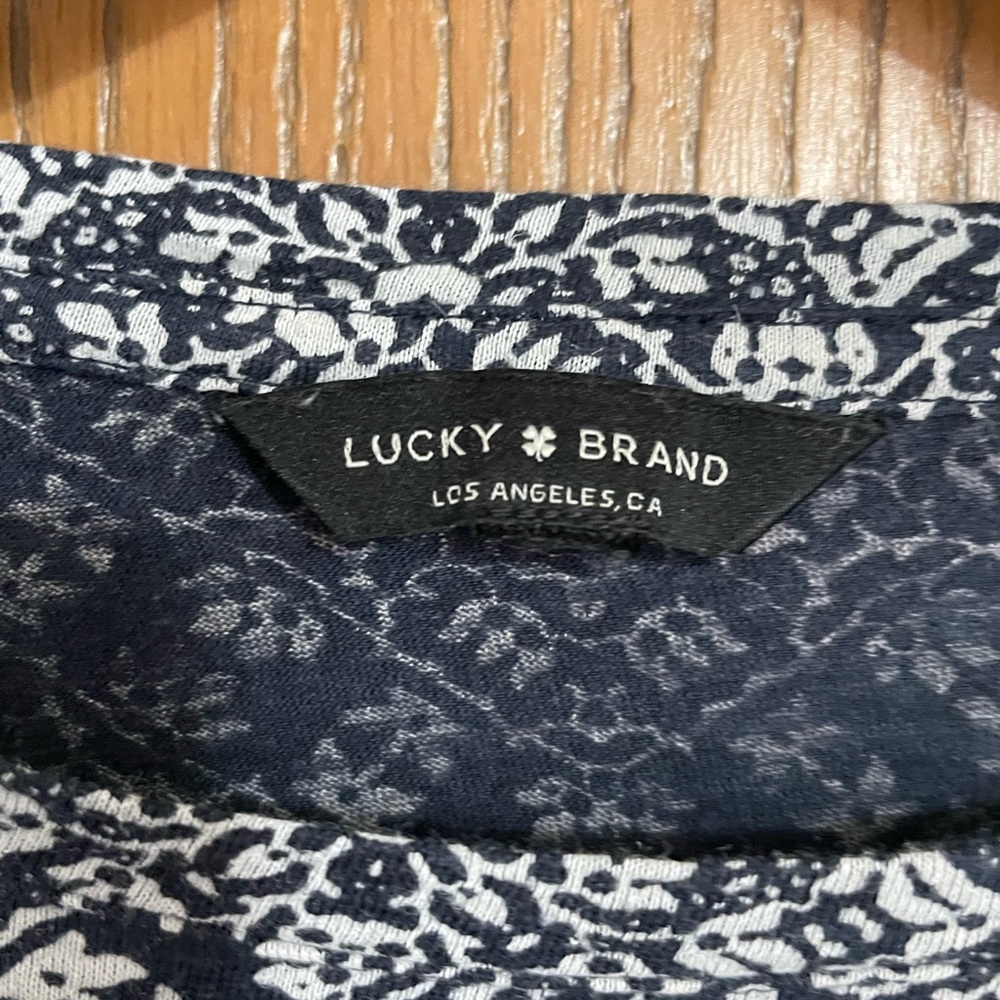 Lucky Brand Blouse in a Navy and White Pattern with Paisley Hem - Picture 7 of 9
